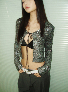 98ossi·Sequined long sleeve top银色亮片闪粉针织系带长袖开衫