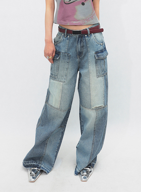 98ossi jeans 牛仔蓝拼接复古做旧磨损中腰宽松牛仔裤