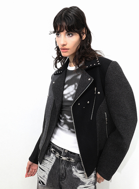 98ossi* aw23 秋冬灰黑色拼接铆钉拉链装饰毛呢机车外套