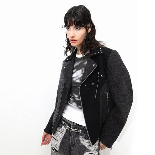 98ossi毛呢短款中性铆钉机车外套