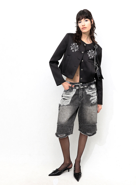 98ossi* aw23 秋冬黑色光泽烫钻圆领短款上衣外套