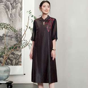 聲雨竹新品 釘珠刺繡桑蠶絲裙子媽媽 真絲香云紗連衣裙中老年人女裝
