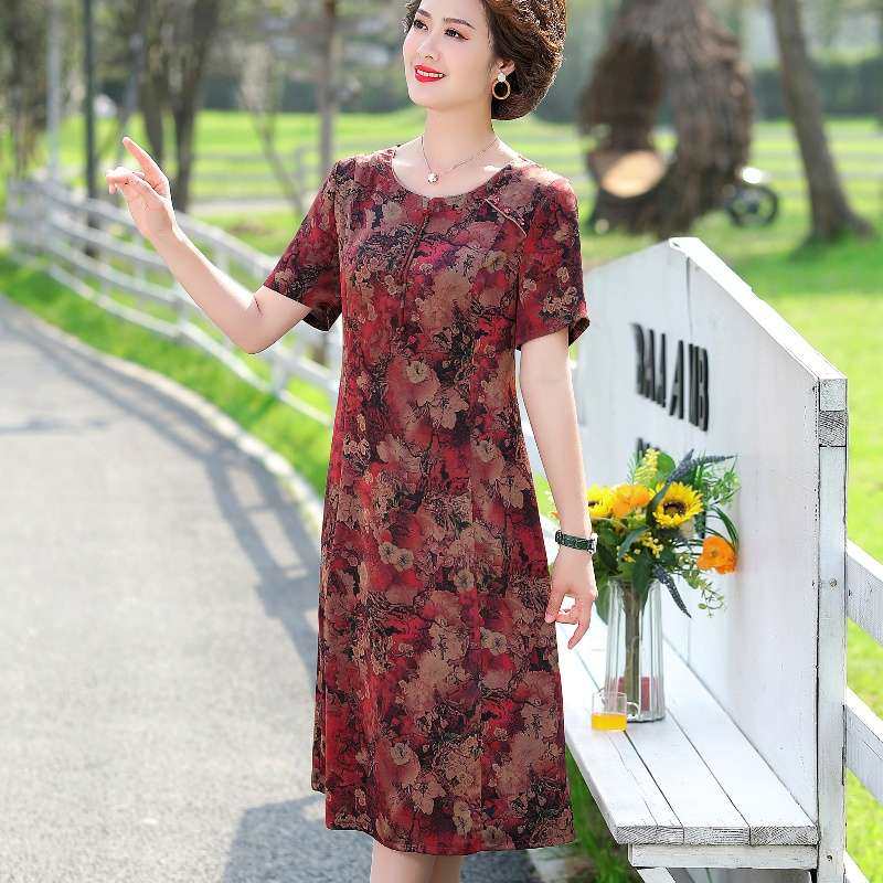 声雨竹中老年夏装女士桑蚕丝连衣裙短袖妈妈夏季过膝长裙真丝奶奶