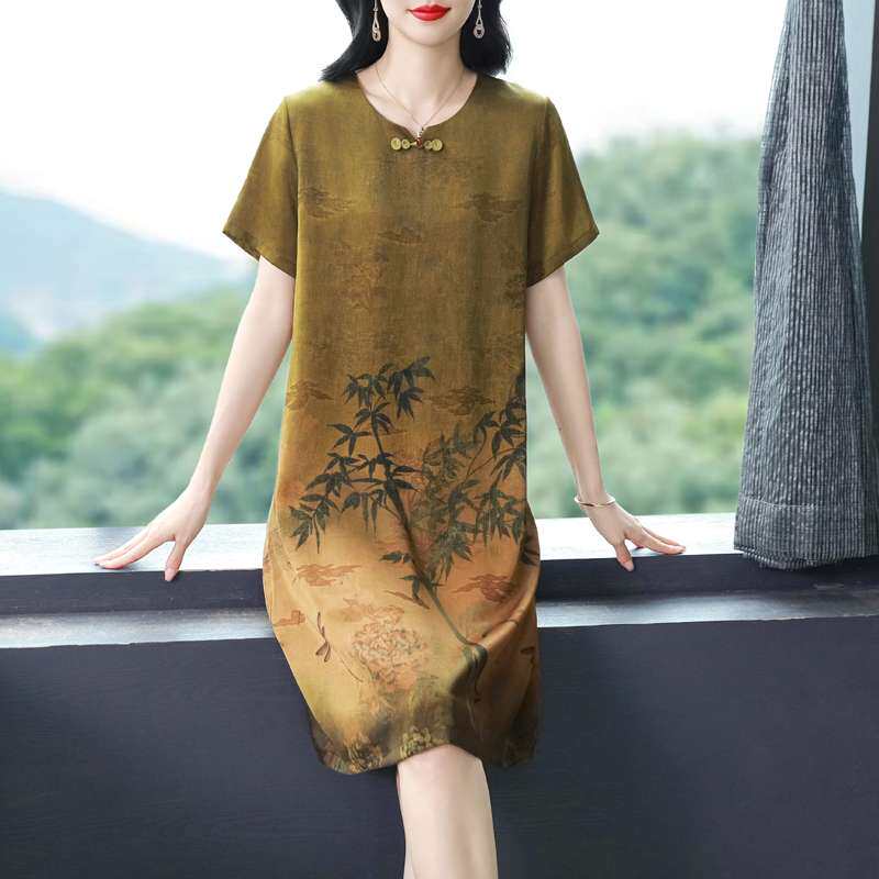 声雨竹妈妈夏装国风印花真丝香云纱连衣裙新款中老年人贵夫人桑蚕