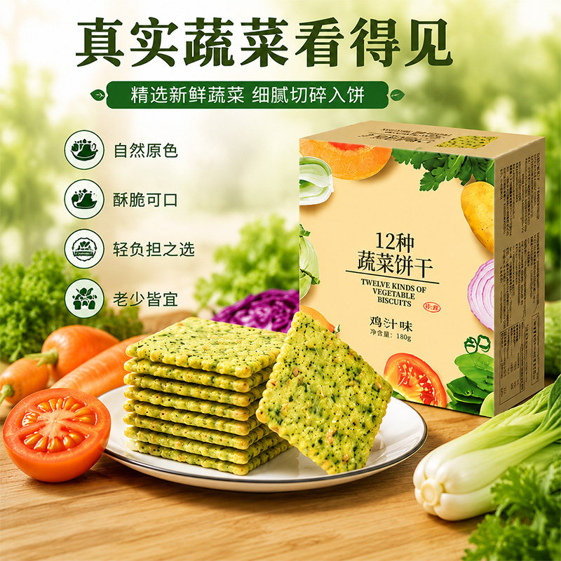 每日生机12种蔬菜苏打饼干鸡汁原味鲜薄脆餐网红小吃休闲零食180g