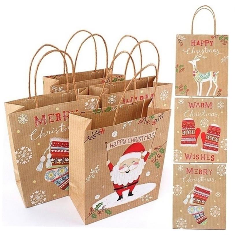 12pcs Christmas Gift Bags Santa Sacks Kraft Paper Bag Kids