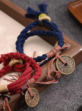 新中式山鬼花钱手绳编绳编织情侣手链红绳编绳民族风雅丹手链