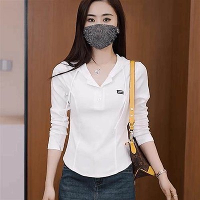 小个子显高显瘦白色长袖连帽运动衫T恤女秋季新款女士时尚短款上