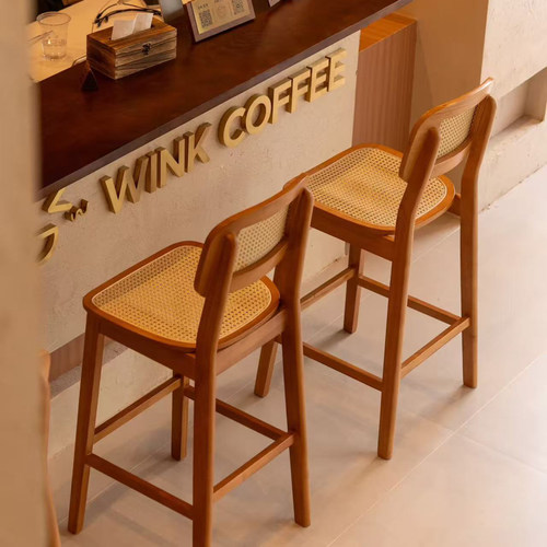 藤编吧台椅中复古实木岛台凳