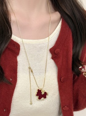 新年红色丝绒小马吊坠项链女秋冬