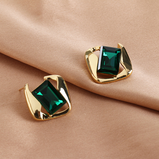 绿色水钻几何方形耳钉S925银针耳环时尚百搭镶嵌祖母绿宝石耳饰