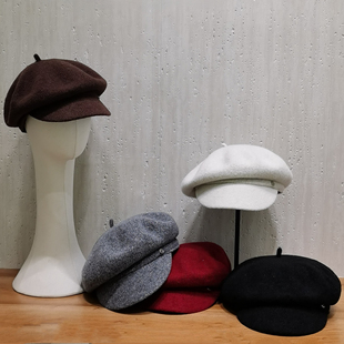 羊毛八角帽子女秋冬时尚 百搭报童帽显气质日系保暖鸭舌帽灰色咖色