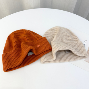 毛线帽女100%羊毛针织帽子秋冬季 红色简约护耳包头帽逛街保暖冷帽