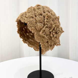 手工针织钩花毛线帽子2025新款 秋冬马海毛双层立体花朵保暖包头帽