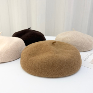 日系画家帽黑色百搭保暖蓓蕾帽子 纯色韩版 羊毛贝雷帽女式 秋冬新款
