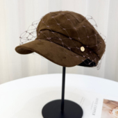 高级感咖色网纱鸭舌帽女赫本风优雅气质报童帽子秋冬季 时尚 画家帽