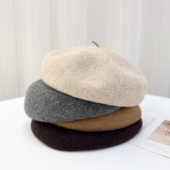 日系贝雷帽女秋冬新款 100%羊毛韩版 画家帽百搭纯色蓓蕾帽米色帽子