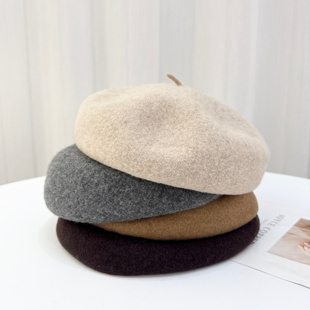 日系贝雷帽女秋冬新款 画家帽百搭纯色蓓蕾帽米色帽子 100%羊毛韩版
