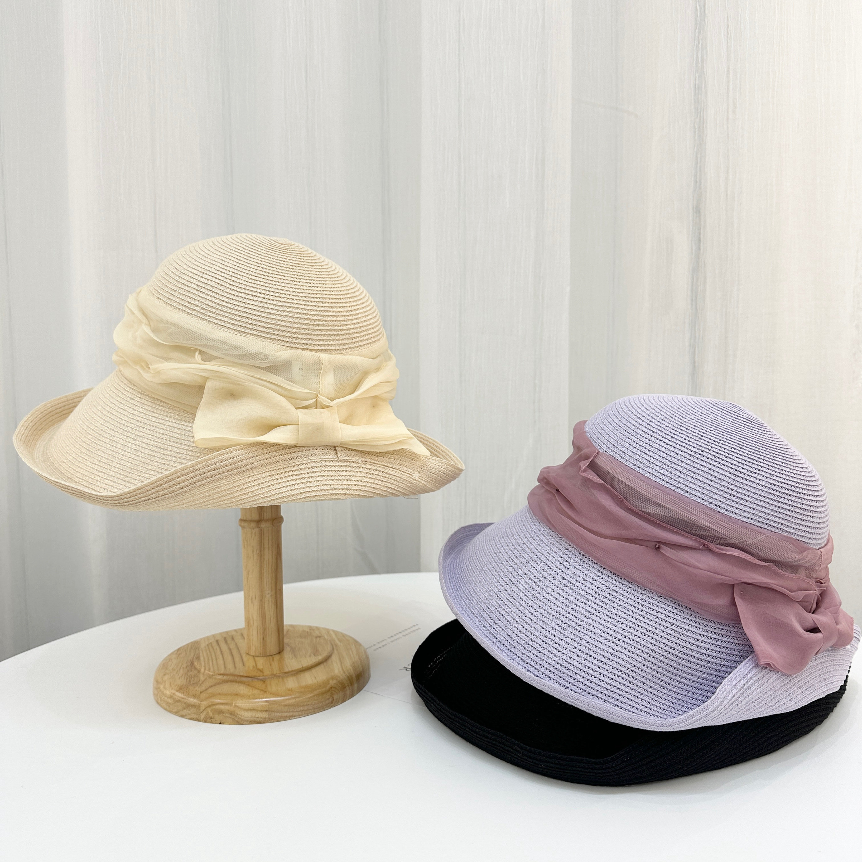 日式卷边草帽女春夏季新款蝴蝶结显脸小遮阳防晒帽海边太阳帽子女