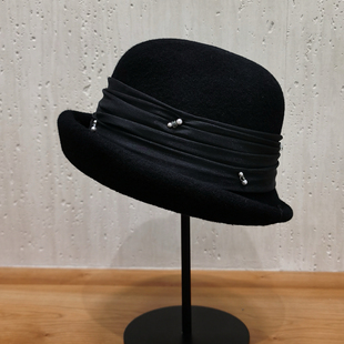 优雅卷边盆帽 时尚 法式 赫本绵羊毛小礼帽女高端黑色复古帽子秋冬季