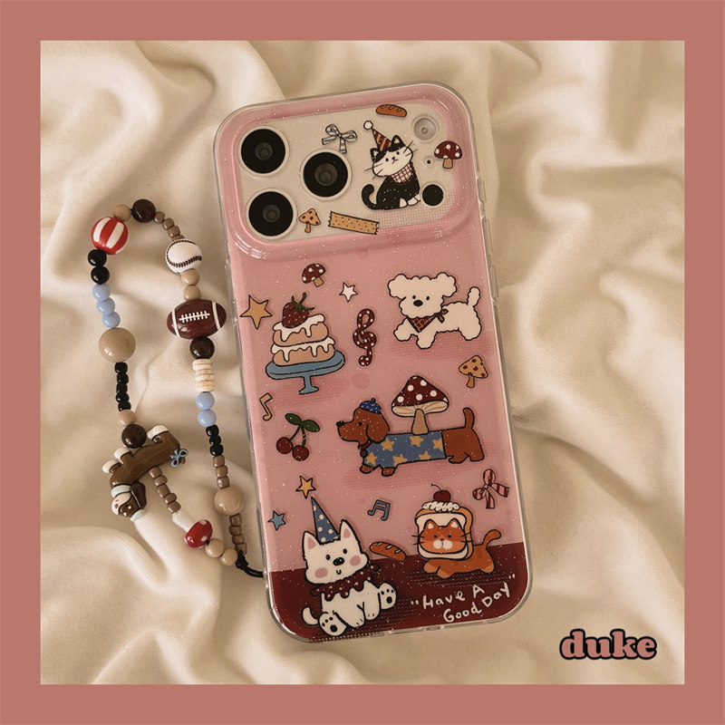 独壳 ins日韩粉色蛋糕小狗带链条适用苹果17promax手机壳可爱iPhone16新款15防摔14pro女款13双层手机套硬壳
