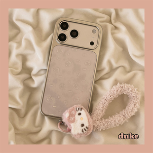 13手机套硬壳 15防摔14pro女款 独壳 日韩粉色线条kitty毛绒挂绳适用苹果17promax手机壳银色边框iPhone16新款