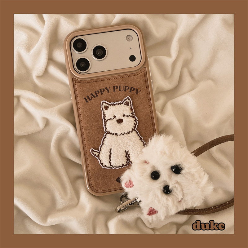 独壳 秋冬棕色麂皮刺绣西高地挂绳适用苹果17promax手机壳卡通iPhone16新款15防摔14pro女款13全包手机套硬壳,3C数码配件,手机保护套/壳,淘宝优惠券,粉丝福利购,淘宝优惠卷