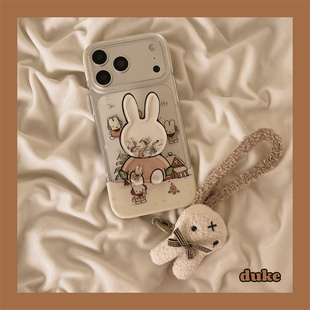 13手机套硬壳 15防摔14pro女款 独壳 透明雪地兔子摇摇乐支架挂绳适用苹果17promax手机壳日韩卡通iPhone16新款