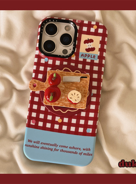 独壳 ins红色格子餐具磁吸支架适用苹果17promax手机壳小众iPhone16新款14pro防摔15女款13日韩风手机套硬壳