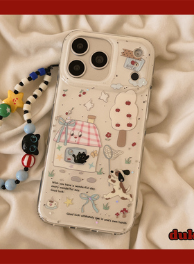 独壳ins白色涂鸦房子小狗链条适用苹果17promax手机壳韩系小众iPhone16新款15防摔14pro女款13双层手机套硬壳