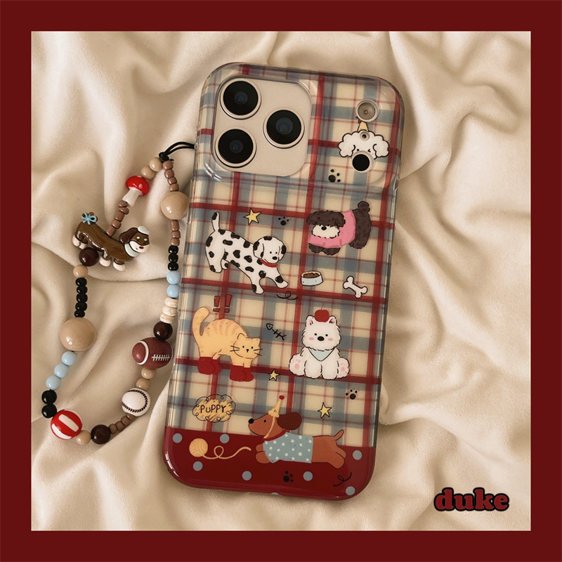 适用苹果手机壳格纹卡通猫咪狗狗