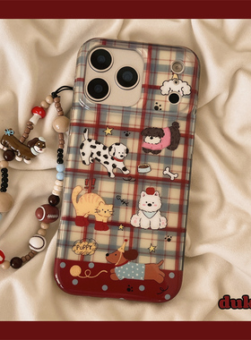 独壳 蓝色格纹小狗猫咪带链条适用苹果17promax手机壳趣味卡通iPhone16新款15防摔14pro女款13双层手机套硬壳