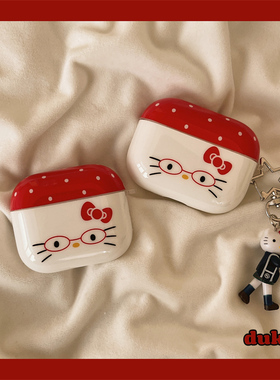 ins风红色眼镜kitty猫挂饰适用airpods4保护套苹果耳机保护壳airpodspro2代无线蓝牙耳机套airpods3软壳1/2代
