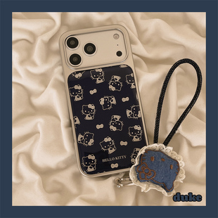 13甜酷个性 15防摔14pro女款 手机套硬壳 黑色线条kitty挂绳适用苹果17promax手机壳银色边框iPhone16新款 独壳