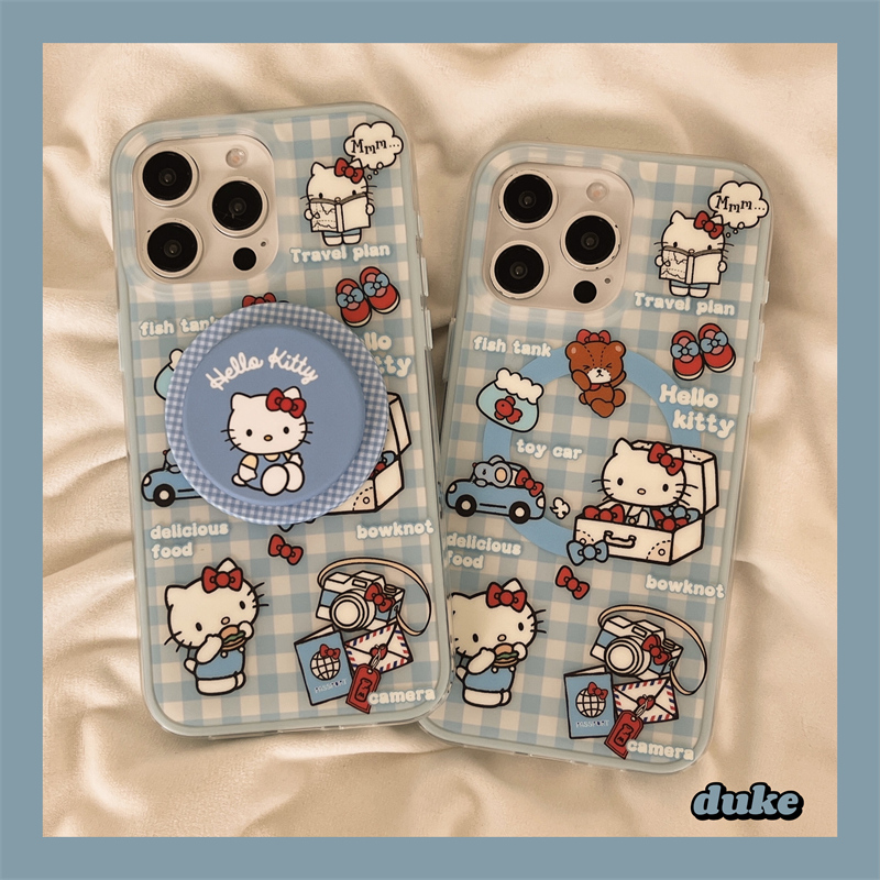 独壳 ins蓝色格纹kitty猫磁吸支架适用苹果16手机壳iPhone15promax新款14ProMax防摔13女款二合一手机套硬壳