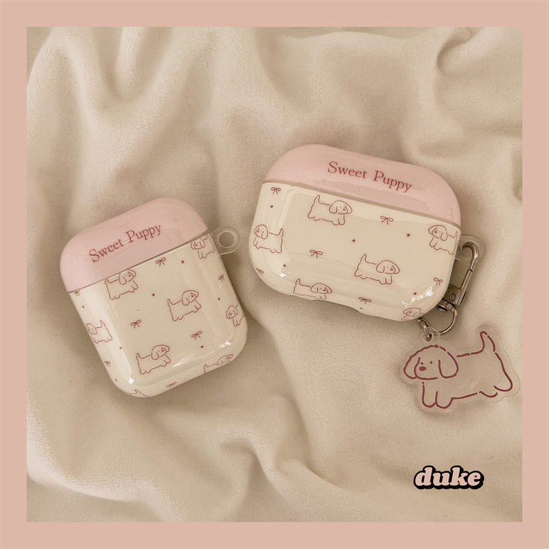 粉色蝴蝶结波点小狗苹果耳机壳