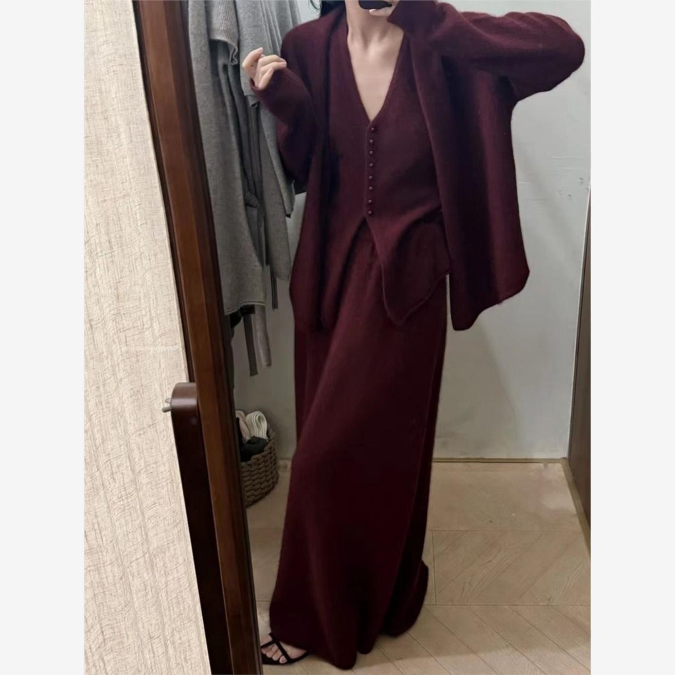 慵懒风v领针织套装女秋冬