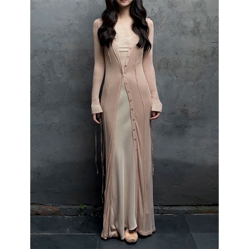 春夏季长款针织开衫长袖防晒外套优雅莫兰迪色长裙百搭