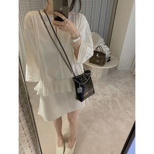 白茶里里~私服款!简约设计感压褶上衣 V领白色连衣裙高端气质