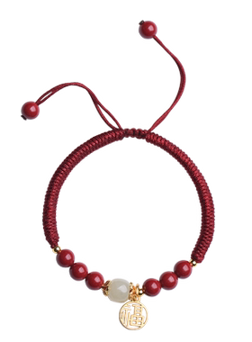 朱砂和田玉转运珠红绳手链