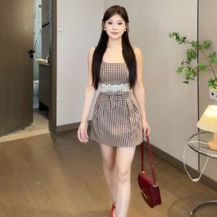 onee自制小個子連衣裙方領夏季 休閑韓版 夏款 吊帶格子復古常規法式