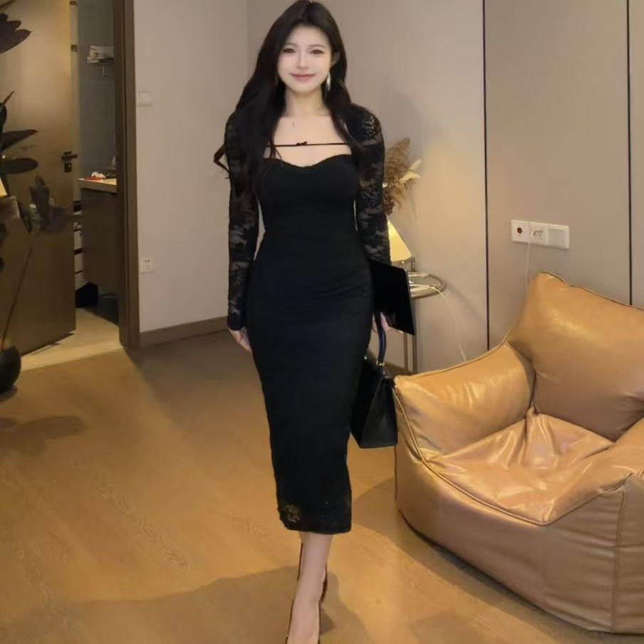 onee自制小个子收腰法式包臀蕾丝连衣裙修身性感可搭配套装穿冬款