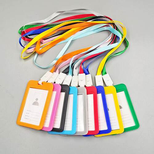 Double-sided card holder with lanyard, plastic hanging tag,