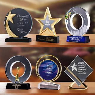 定制国潮金属水晶奖杯创意彩色刻字中国风企业年会颁奖五角星制作