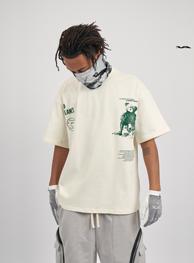 VIRTUAL ASPECT玩具小熊卡通小众设计感印花复古宽松短袖t恤男