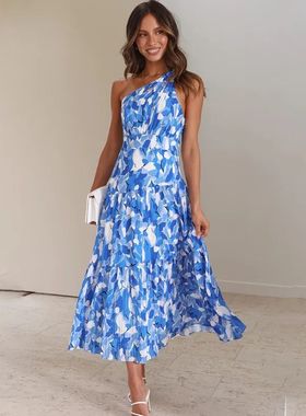 Summer sloping shoulder sexy backless printed vacation dres