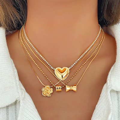 Stacked bow necklace, stylish metal multi-layer heart-shape