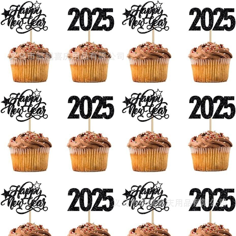 12 pieces of 2025 new happy cupcake toppers with new themes