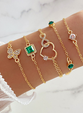 4-piece set of green diamond square bracelet with diamond b