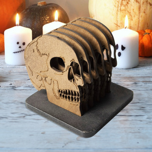 Halloween wooden skull coasters, festive dining table atmos